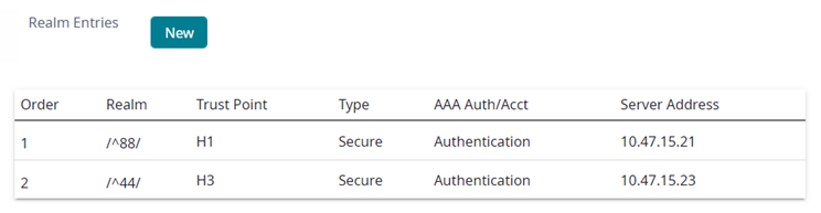 Example of a regular expression realm configuration by MAC address that handles load balancing. Example of a regular expression realm configuration by MAC address that handles load balancing.